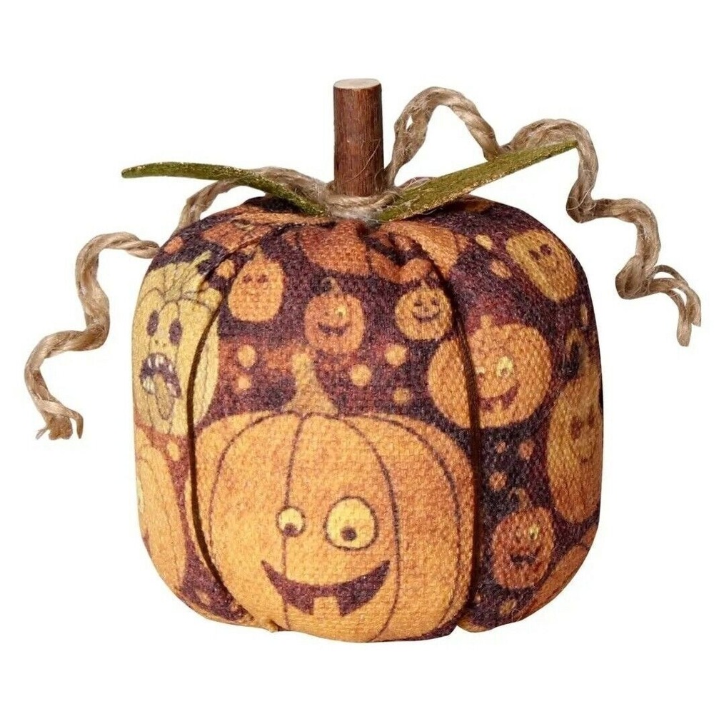 Primitive PUMPKIN Halloween Orange JACK O LANTERN‎ Fabric Wood Stem 3x3"
